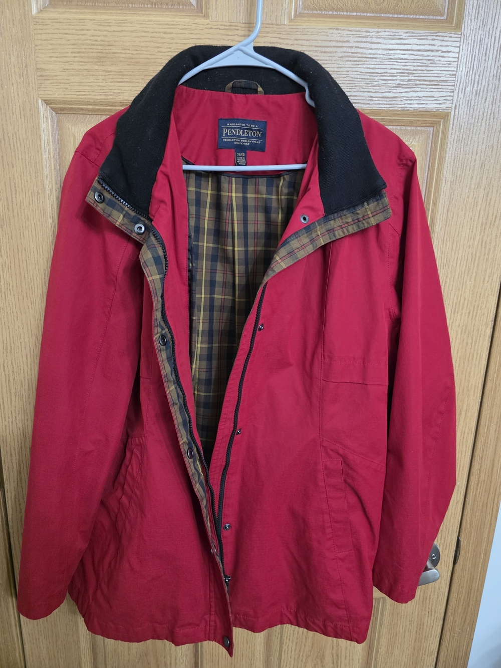 Pendleton Red Jacket with Black Collar and Plaid Trim